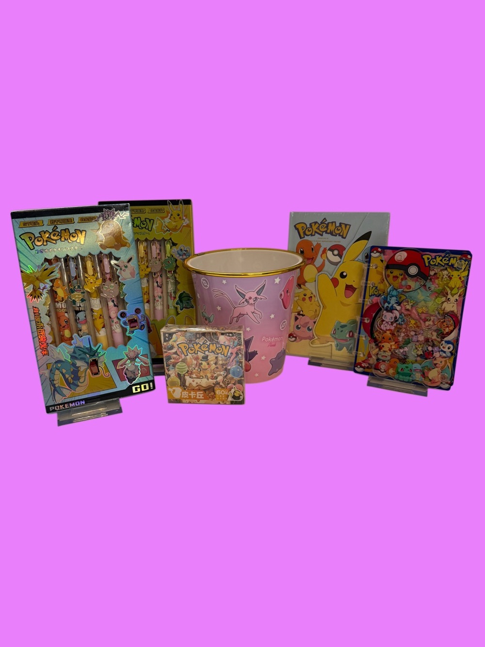 Pokémon Stationery Bundle | Acrylic Shaker Notebook + Desk Trash Bin + pens